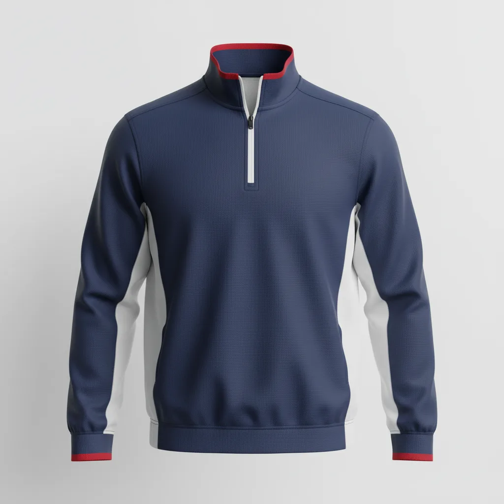 Front view of custom pullover baseball batting jacket in lightweight polyester tricot with a short neck zip, ribbed cuffs, and sublimated team colorway from Empire Five Athletics