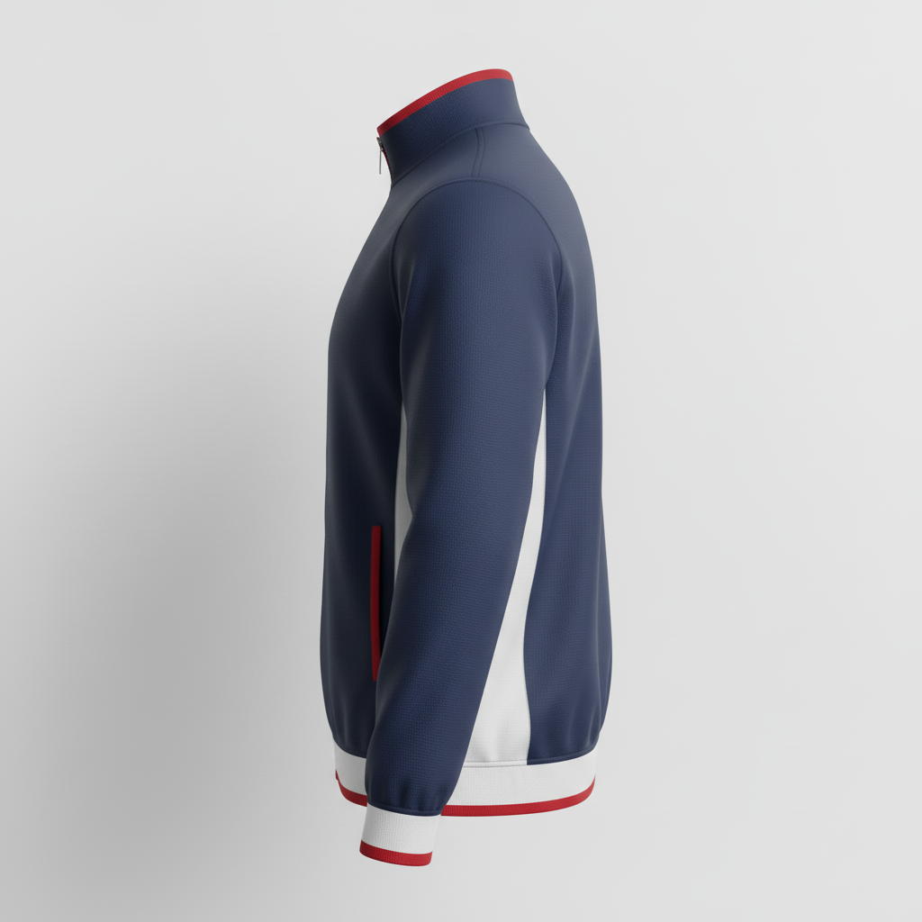 Side view of custom pullover baseball batting jacket showing the hip-length active cut, full sleeve sublimation, and ribbed cuff