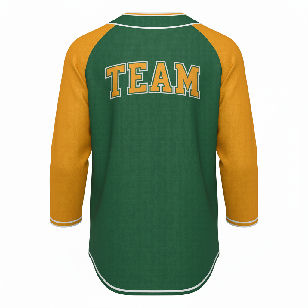 Back view of custom raglan baseball jersey showing the player name arched above a large back number