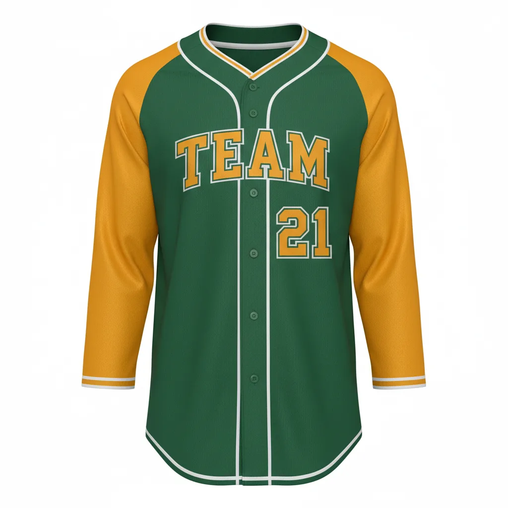 Front view of custom raglan baseball jersey with contrast raglan sleeves and a diagonal shoulder seam in 200 GSM polyester double-knit from Empire Five Athletics