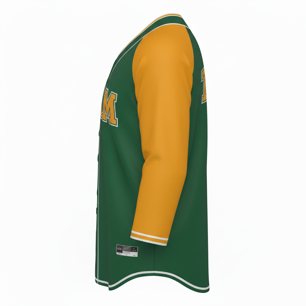 Side view of custom raglan baseball jersey showing the diagonal raglan sleeve seam and double-knit body