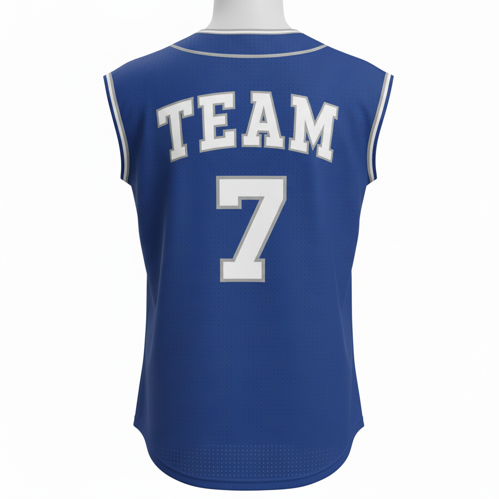 Back view of custom sleeveless baseball jersey showing the player name arched above a large back number