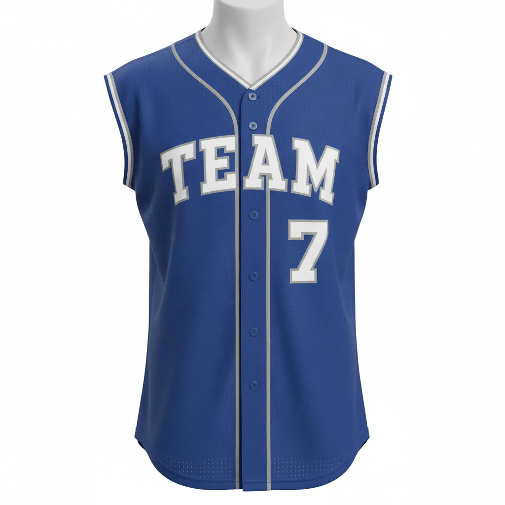Front view of custom sleeveless baseball jersey with clean muscle-style armholes in 200 GSM polyester double-knit from Empire Five Athletics