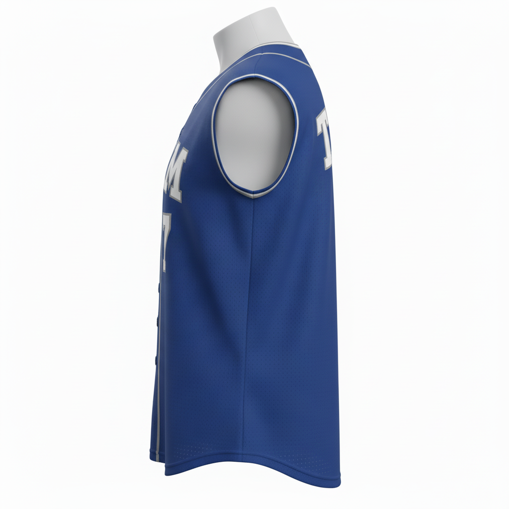 Side view of custom sleeveless baseball jersey showing the bound muscle-style armhole and double-knit body