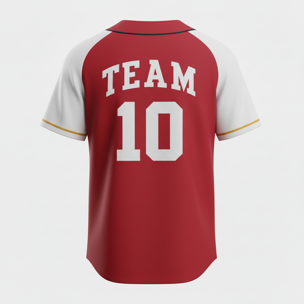Back view of custom two-button baseball jersey showing the player name arched above a large back number