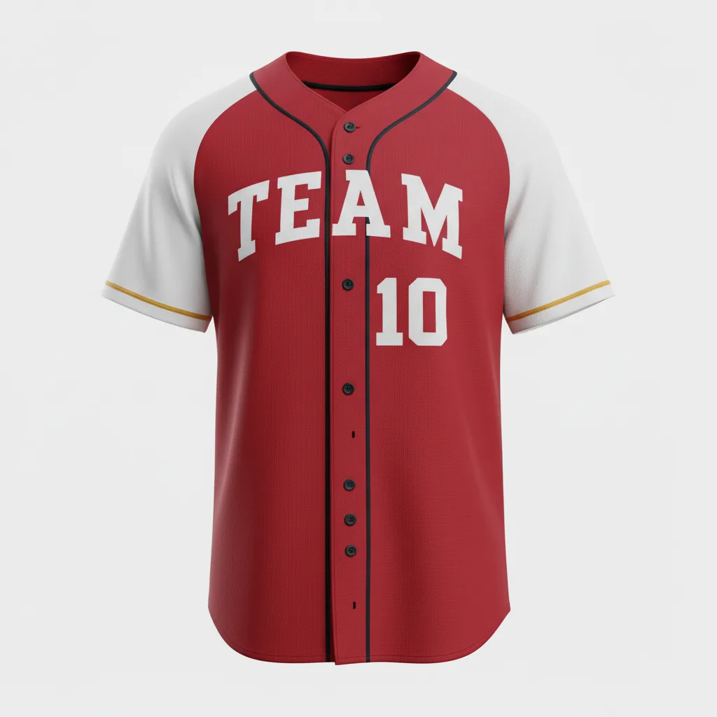 Front view of custom two-button baseball jersey, a pullover cut with a short two-button neck placket in 200 GSM polyester double-knit from Empire Five Athletics