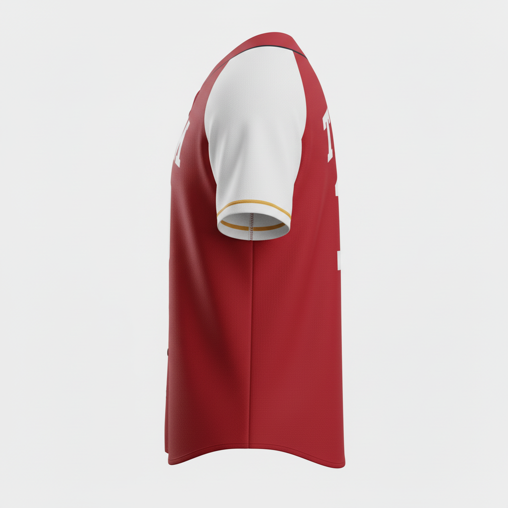 Side view of custom two-button baseball jersey showing the set-in sleeve and double-knit body