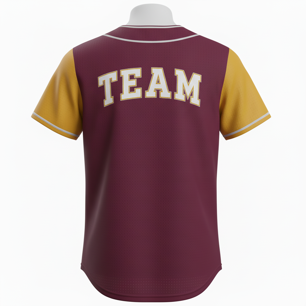 Back view of custom v-neck baseball jersey showing the player name arched above a large back number