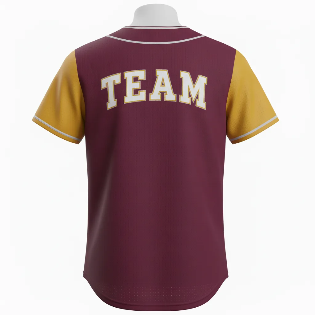 Back view of custom v-neck baseball jersey showing the player name arched above a large back number