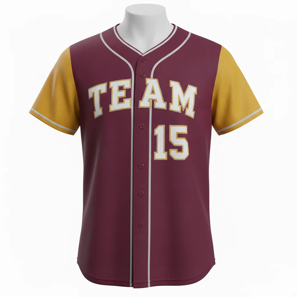 Front view of custom v-neck baseball jersey, a pullover cut with a modern V-neckline in 200 GSM polyester double-knit from Empire Five Athletics