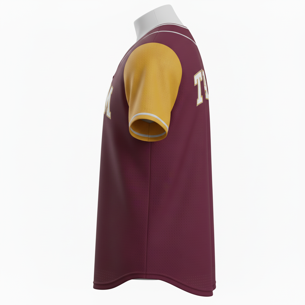 Side view of custom v-neck baseball jersey showing the set-in sleeve and double-knit body