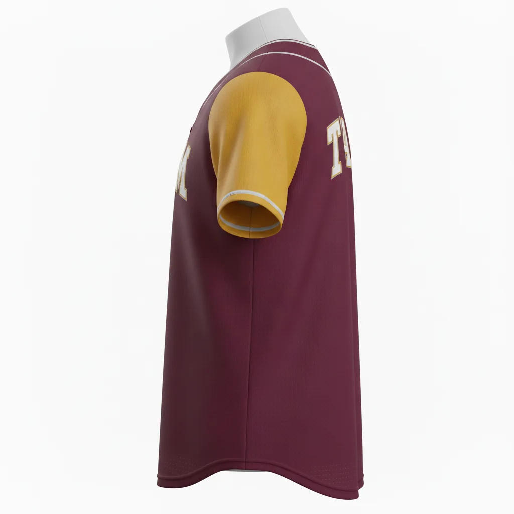 Side view of custom v-neck baseball jersey showing the set-in sleeve and double-knit body