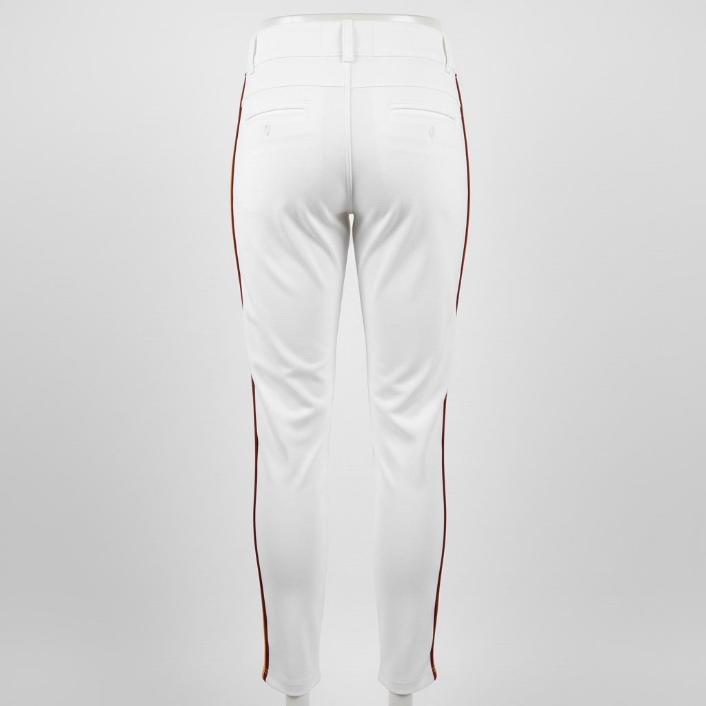 Back view of custom women's fitted baseball pants showing the belt-loop waistband and women's-contoured seat