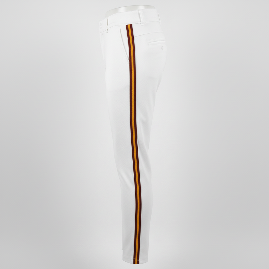 Side view of custom women's fitted baseball pants showing the contoured hip and leg