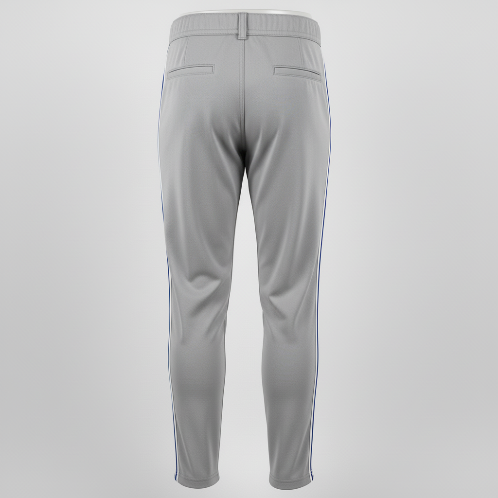 Back view of custom youth piped baseball pants showing the belt-loop waistband and contrast side piping