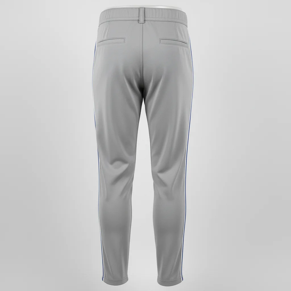 Back view of custom youth piped baseball pants showing the belt-loop waistband and contrast side piping
