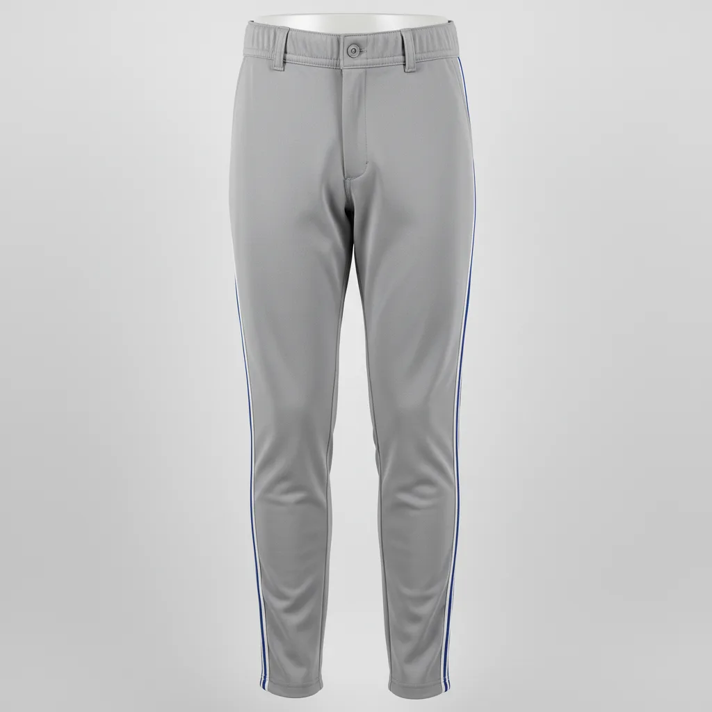 Front view of custom youth piped baseball pants in 240 GSM polyester double-knit with contrast piping down each leg from Empire Five Athletics