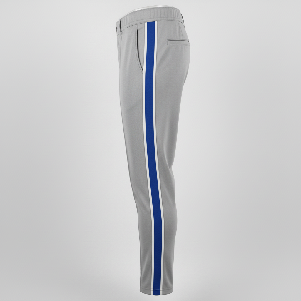 Side view of custom youth piped baseball pants showing the full-length contrast piping down the outer leg seam
