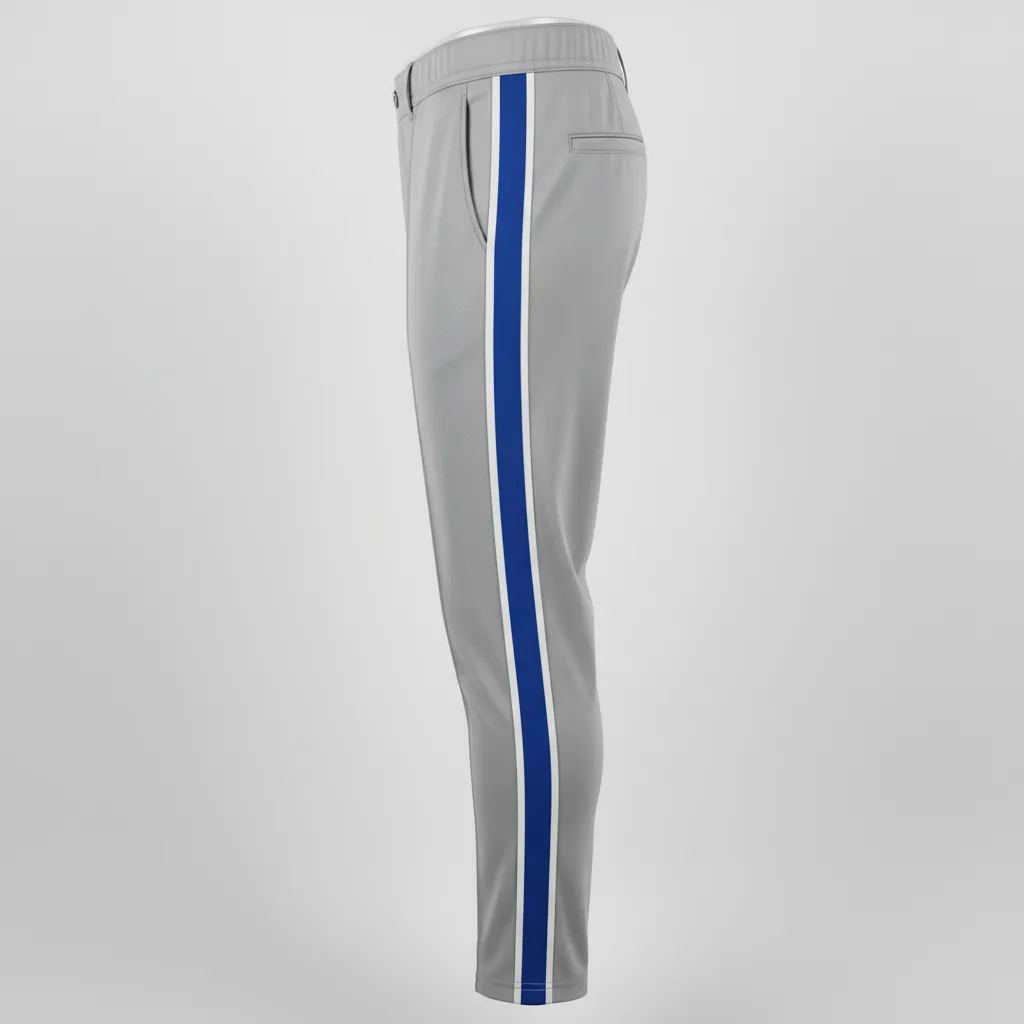Side view of custom youth piped baseball pants showing the full-length contrast piping down the outer leg seam