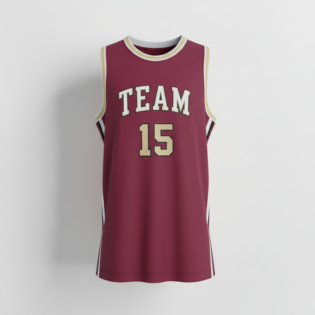 Front view of custom athletic-cut tank basketball jersey in 150 GSM poly mesh with deep armholes and sublimated team colors from Empire Five Athletics