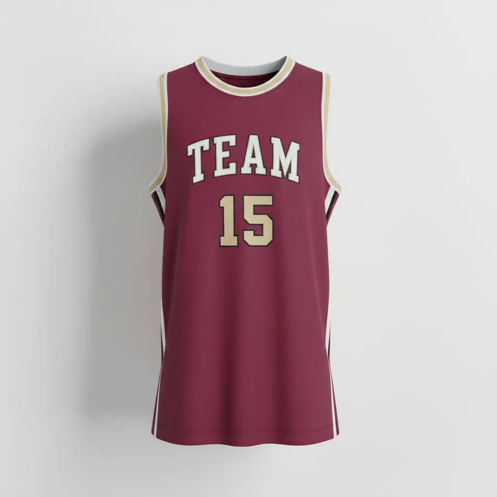 Front view of custom athletic-cut tank basketball jersey in 150 GSM poly mesh with deep armholes and sublimated team colors from Empire Five Athletics