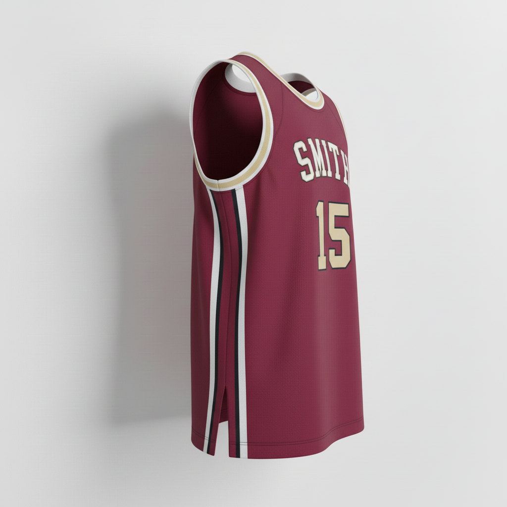 Side view of custom athletic-cut basketball jersey showing the deep armhole and side panel