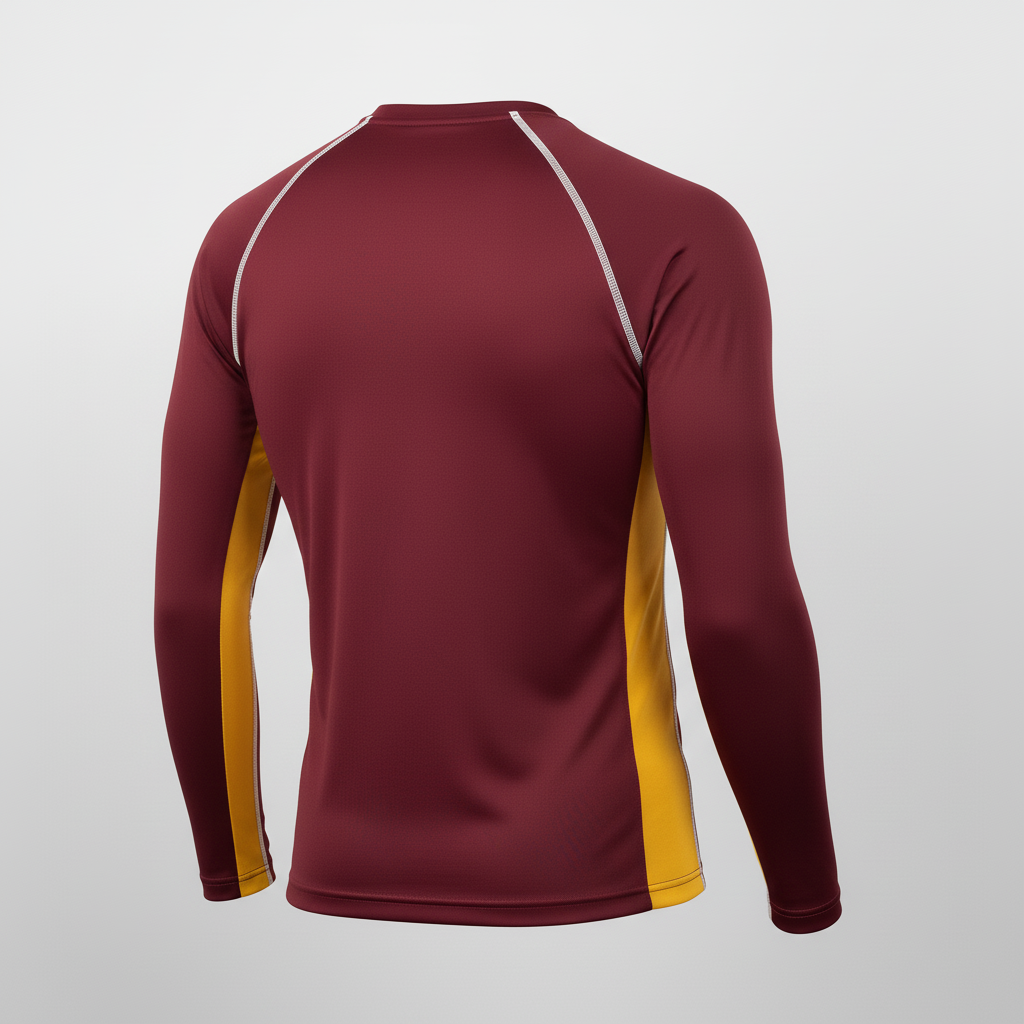 Back view of custom long-sleeve basketball compression shirt showing the trim athletic cut