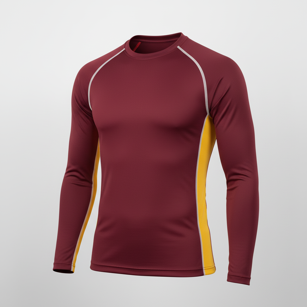 Front view of custom long-sleeve basketball compression shirt with team logo on chest. Empire Five Athletics