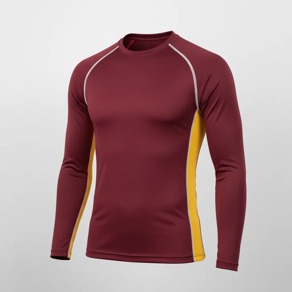 Front view of custom long-sleeve basketball compression shirt with team logo on chest. Empire Five Athletics