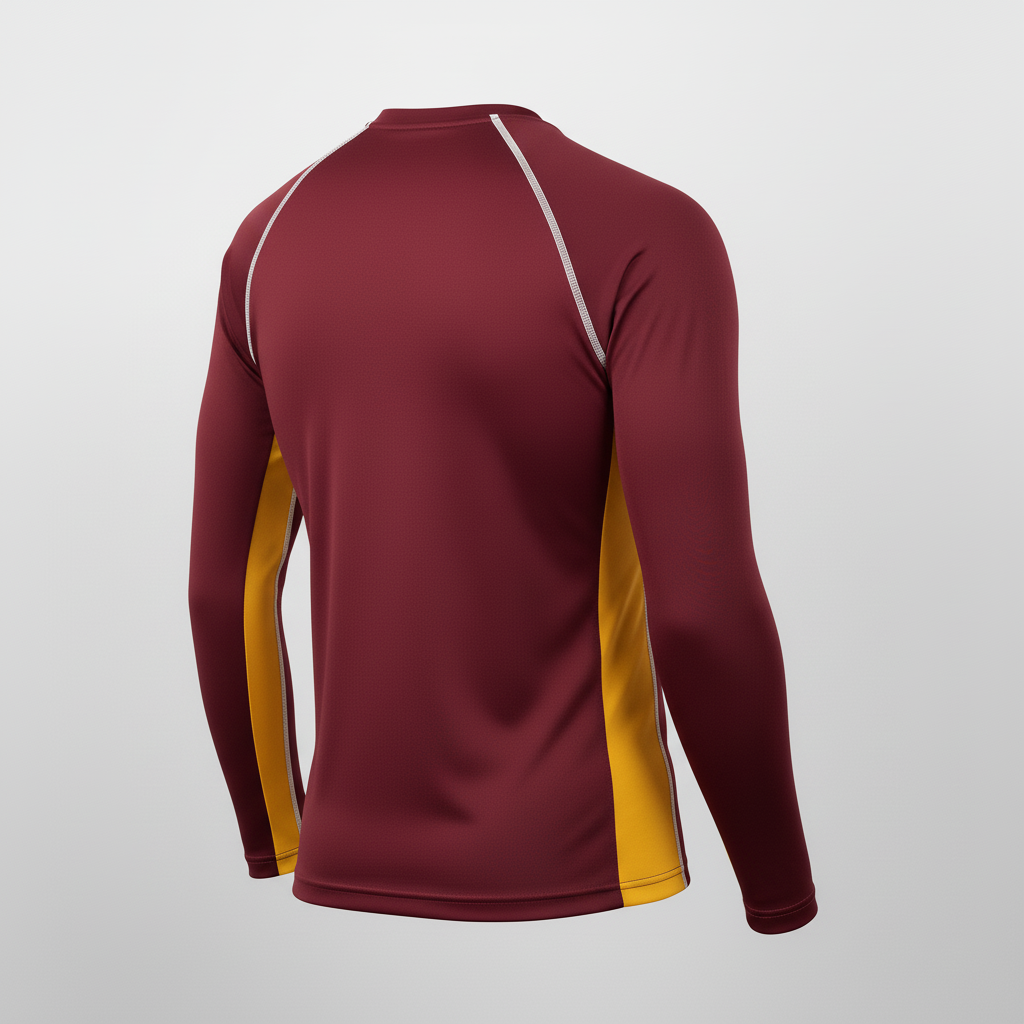 Side view of custom long-sleeve basketball compression shirt showing the flatlock seam construction