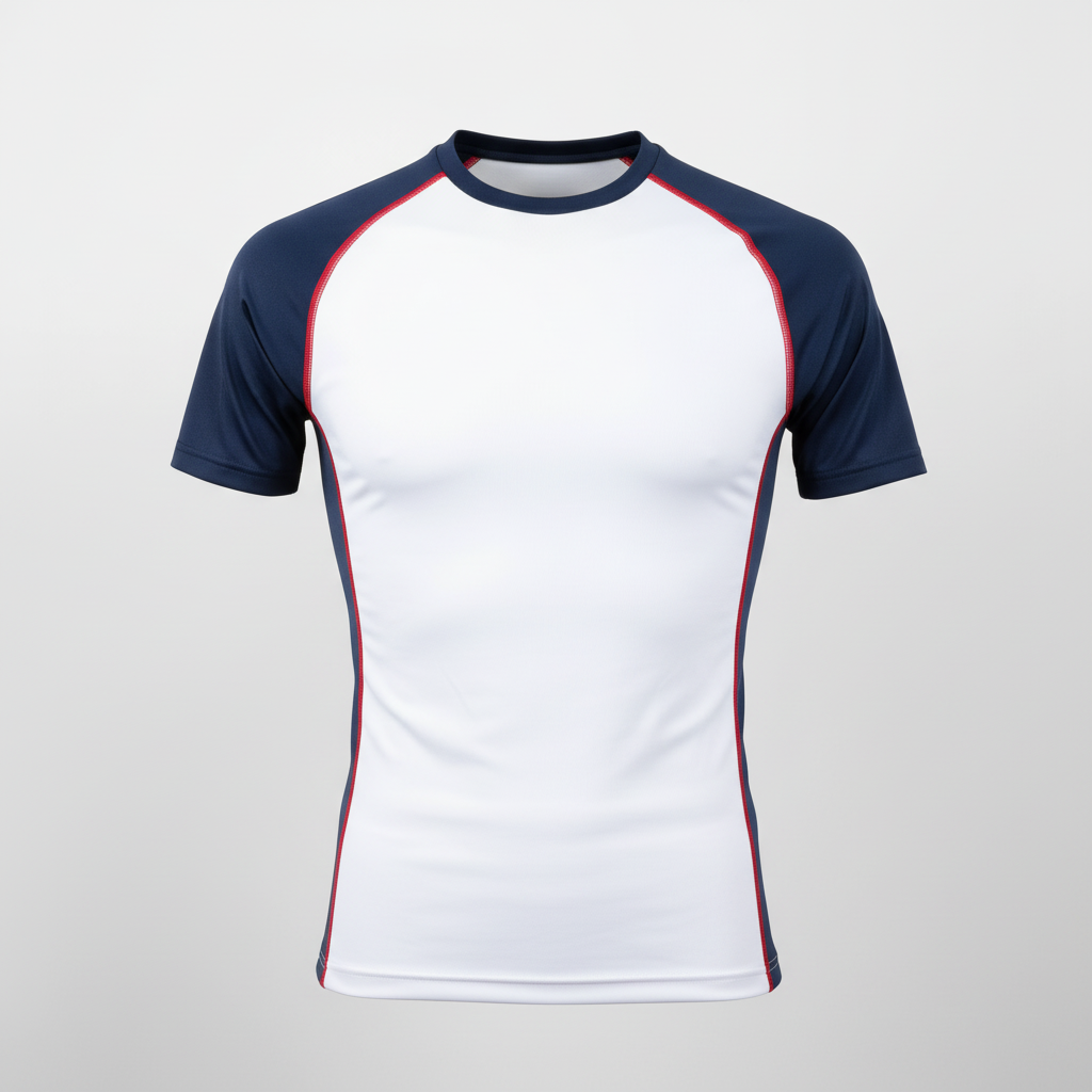 Front view of custom short-sleeve basketball compression shirt in 220 GSM poly-spandex with a fitted base-layer cut and sublimated team colors from Empire Five Athletics