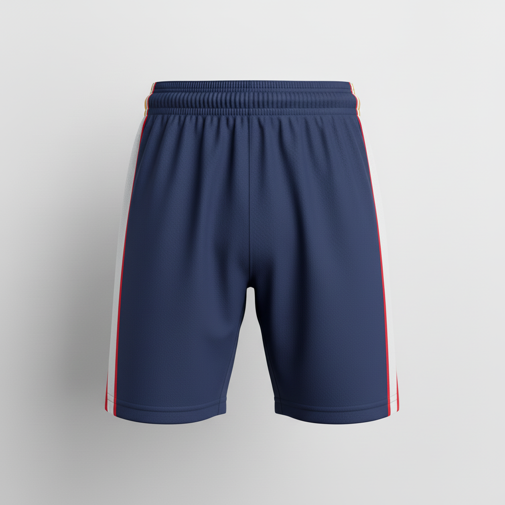Front view of custom 5-inch basketball compression shorts with team logo on hip panel. Empire Five Athletics