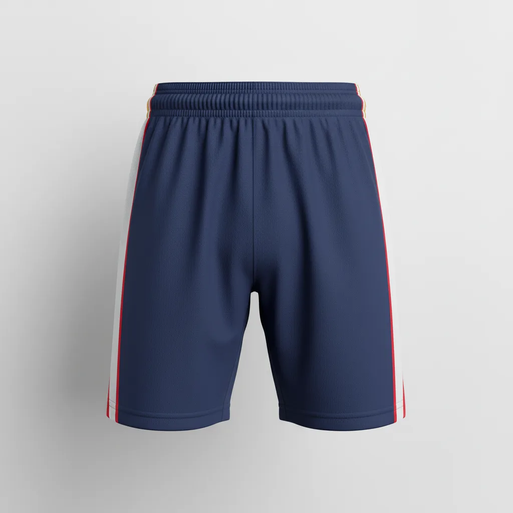 Front view of custom 5-inch basketball compression shorts with team logo on hip panel. Empire Five Athletics