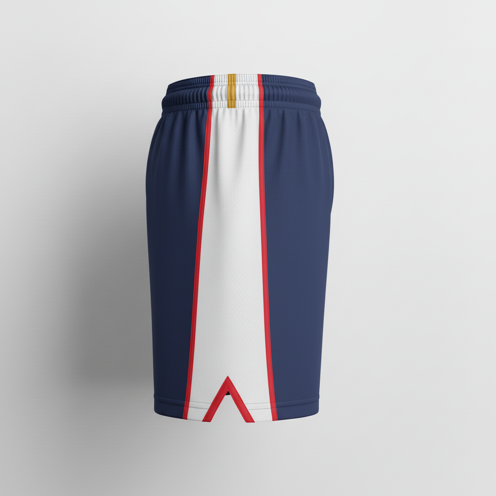Side view of custom 5-inch basketball compression shorts showing the 5-inch inseam, silicone leg gripper, and flatlock seam construction