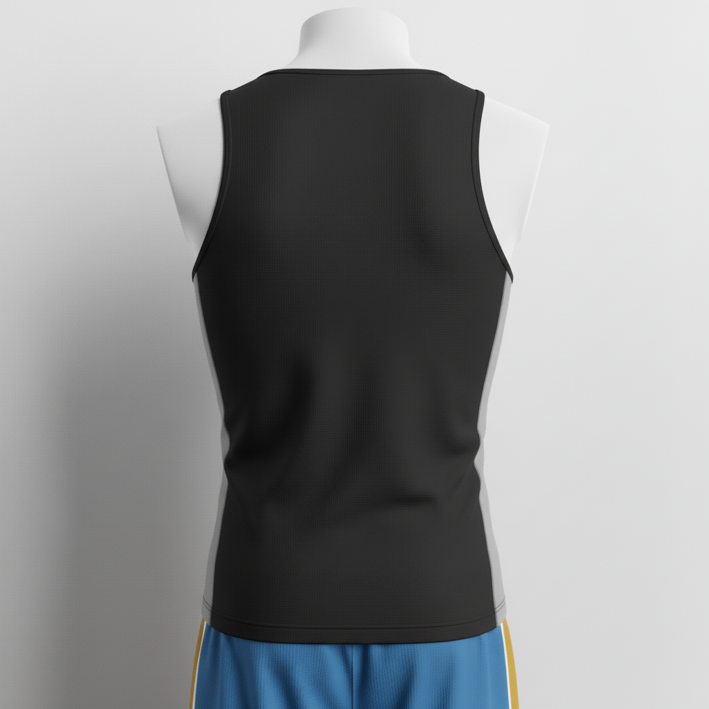 Back view of custom basketball compression tank showing the trim athletic cut and shaped armholes