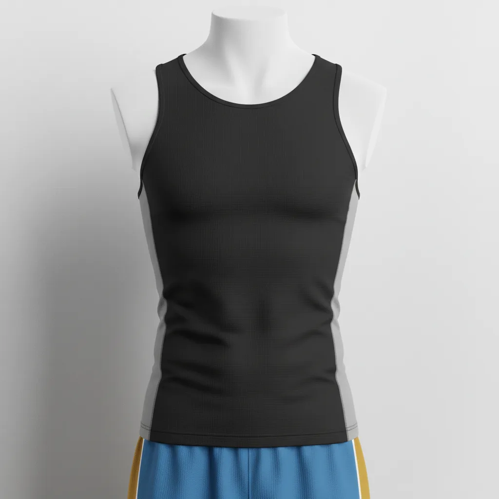 Front view of custom basketball compression tank with team logo on chest in 200 GSM 4-way stretch polyester-spandex. Empire Five Athletics