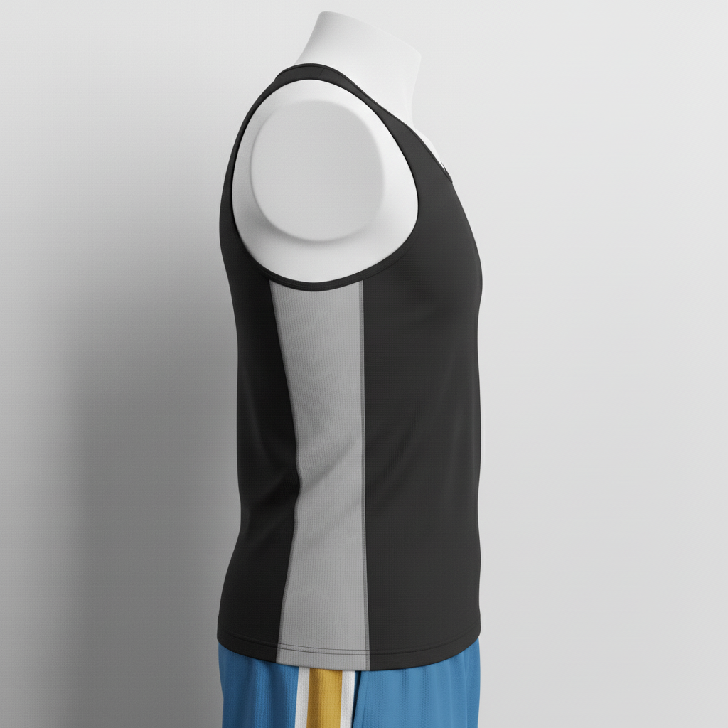 Side view of custom basketball compression tank showing the flatlock seam construction and 4-way stretch fabric