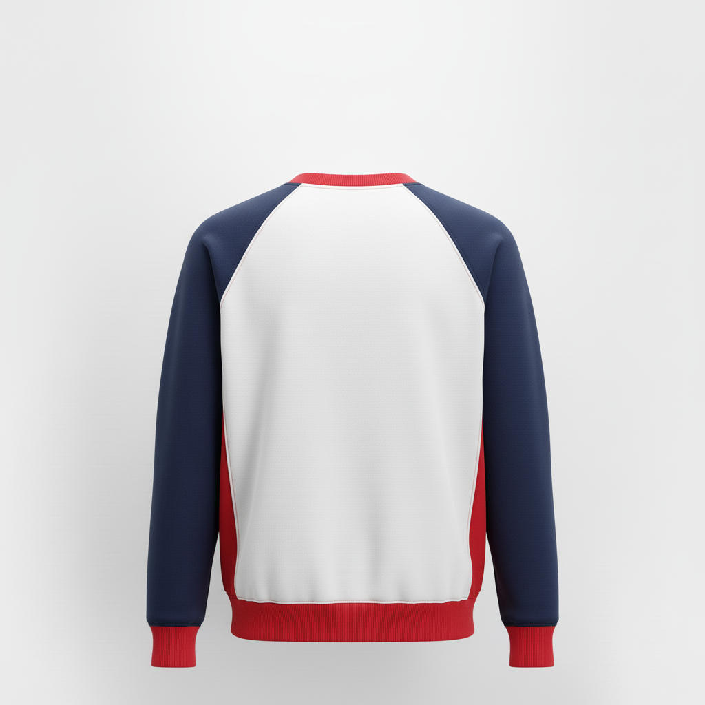 Back view of custom basketball crew-neck sweatshirt showing the printed team name