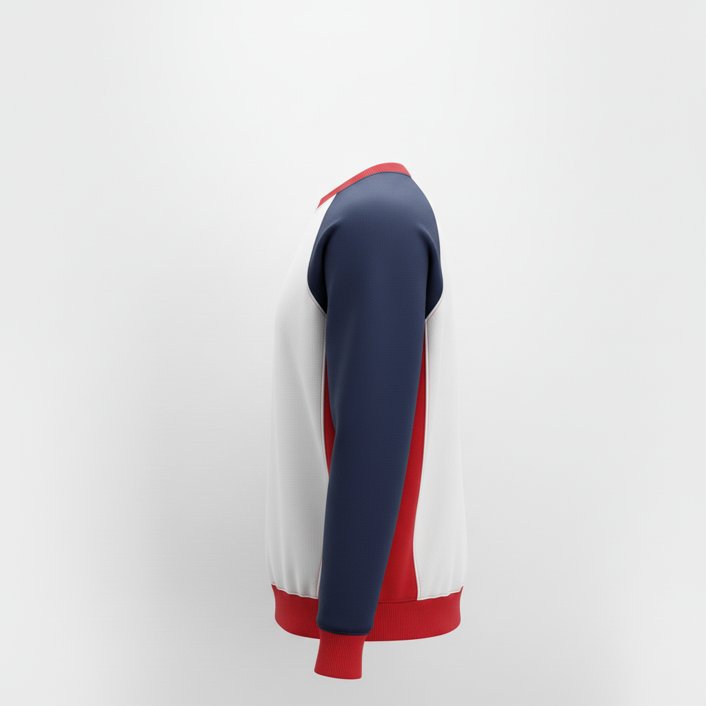 Side view of custom basketball crew-neck sweatshirt showing the ribbed cuff and fit