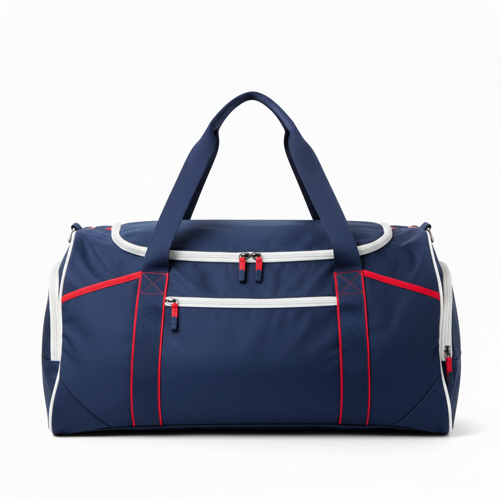 Front view of custom basketball duffle bag in heavy 600D woven polyester with full-panel sublimated team colors and logo from Empire Five Athletics