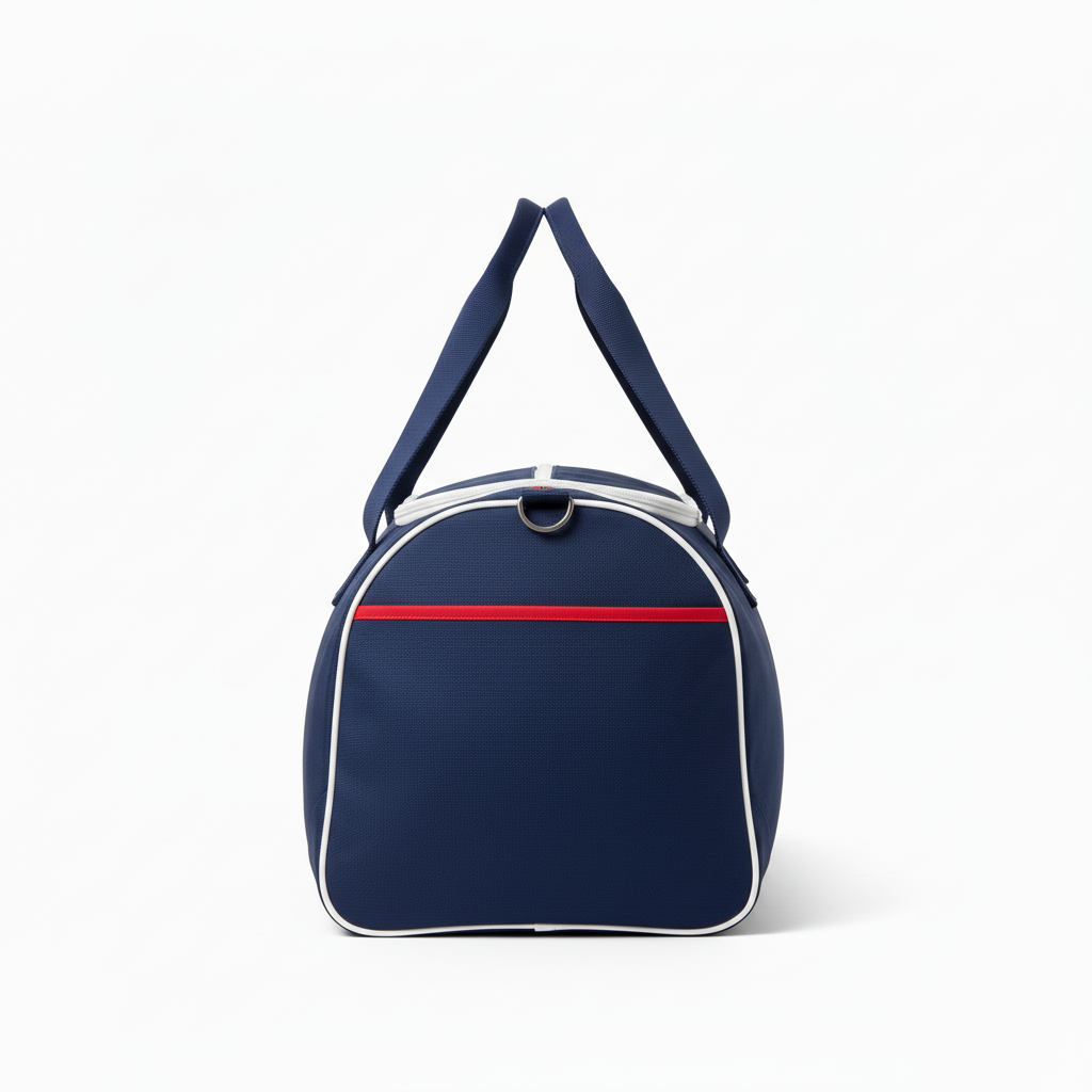 Side view of custom basketball duffle bag showing the vented shoe compartment and reinforced base