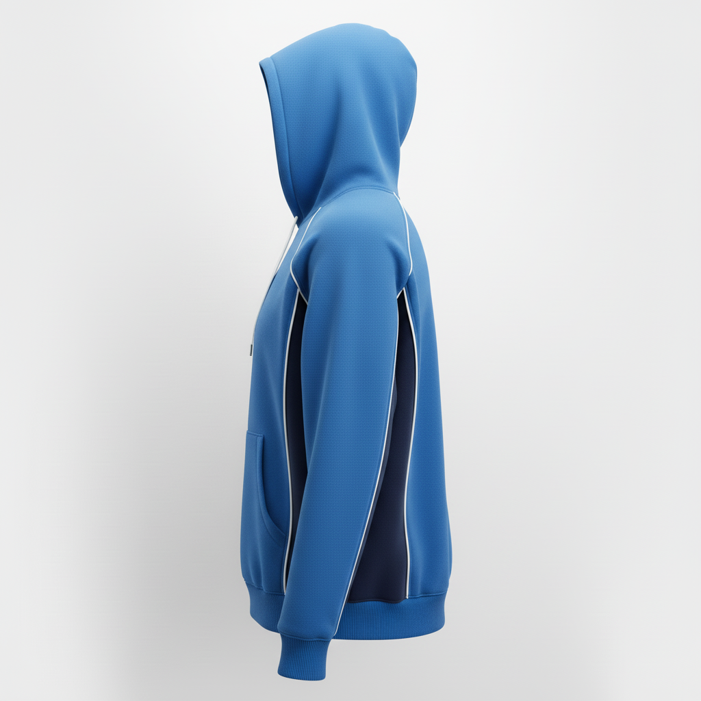 Side view of custom basketball hooded sweatshirt showing the drawstring hood and ribbed cuff construction