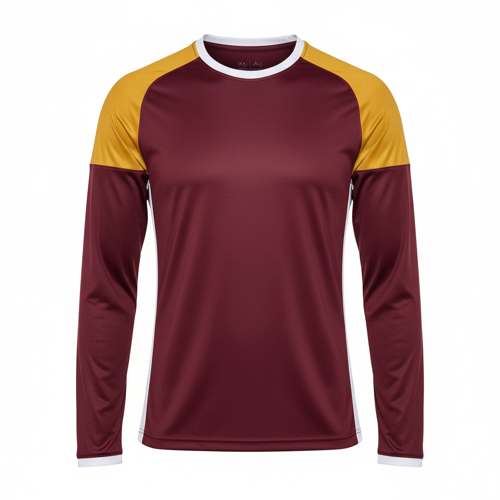 Front view of custom long-sleeve basketball performance tee in 150 GSM wicking poly with a regular fit and sublimated team colors from Empire Five Athletics