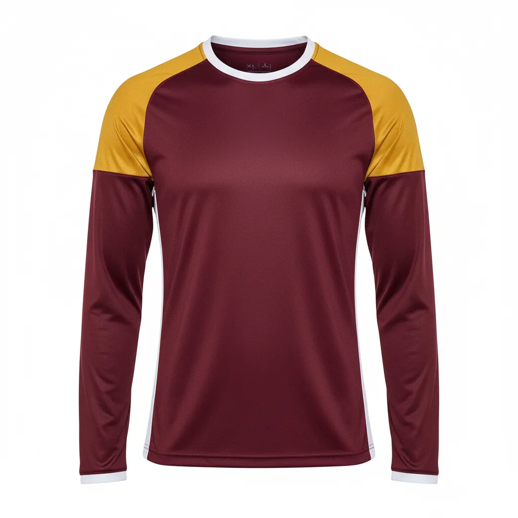 Front view of custom long-sleeve basketball performance tee in 150 GSM wicking poly with a regular fit and sublimated team colors from Empire Five Athletics