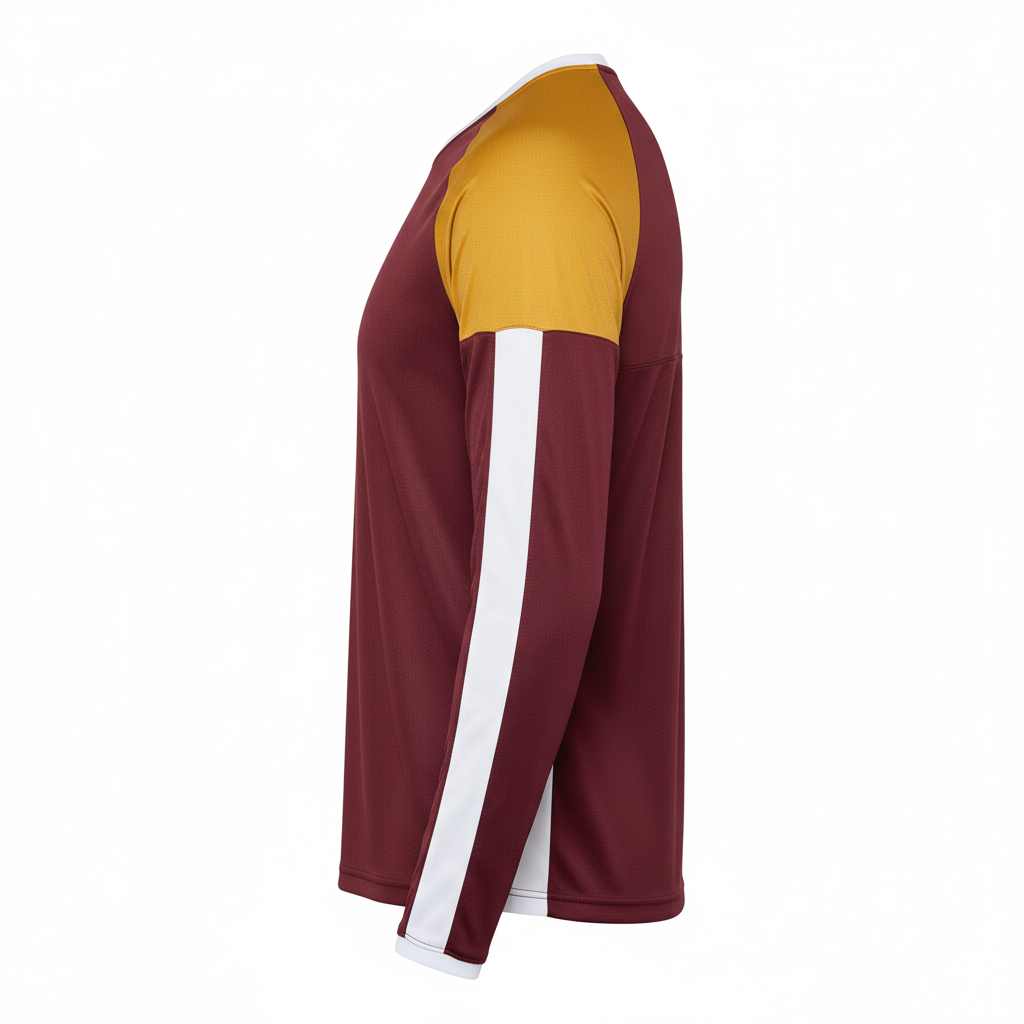 Side view of custom long-sleeve basketball tee showing the regular fit and cuff