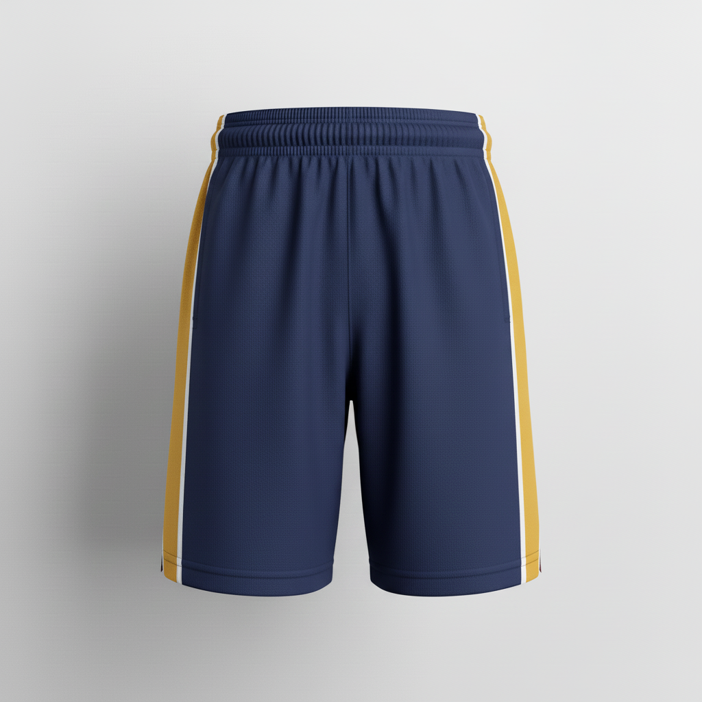 Front view of custom mesh basketball practice shorts with team logo on hip panel. Empire Five Athletics