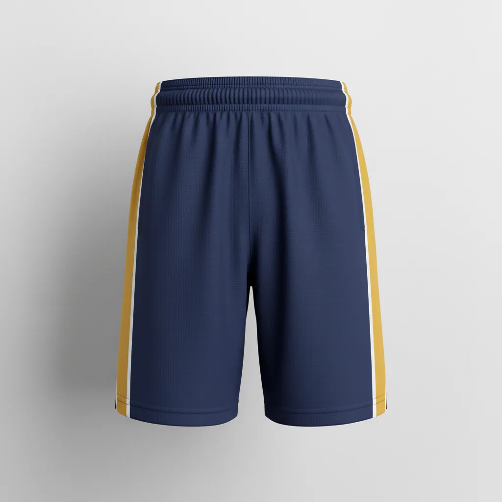 Front view of custom mesh basketball practice shorts with team logo on hip panel. Empire Five Athletics