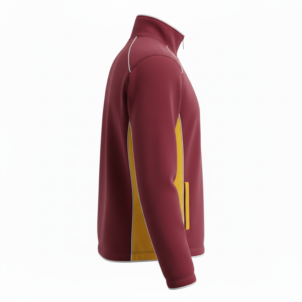 Side view of custom basketball fleece jacket showing the zip pocket and stand collar