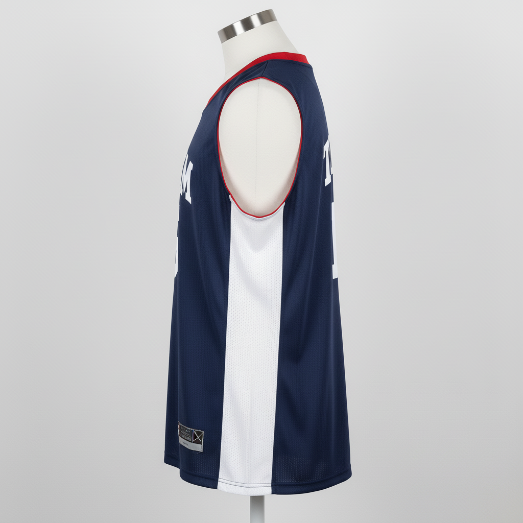 Side view of custom basketball practice jersey showing the lightweight mesh fabric and roomy practice-cut silhouette