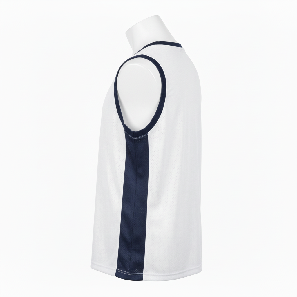 Side view of custom reversible basketball practice pinnie showing the open-side seam, contrasting reverse color, and lightweight mesh weave